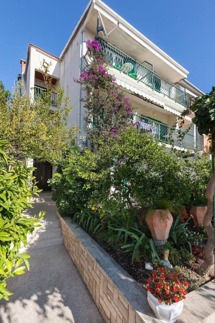Villa Rosa: garden path with bougainvillea beside the building